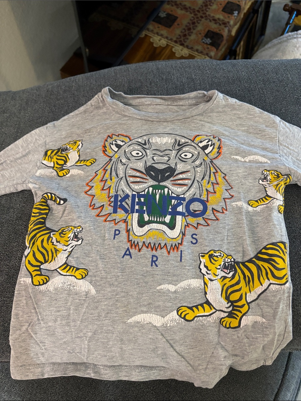 Kenzo Gray Tee with Multicolor Tiger Motif-kids size 3/4T